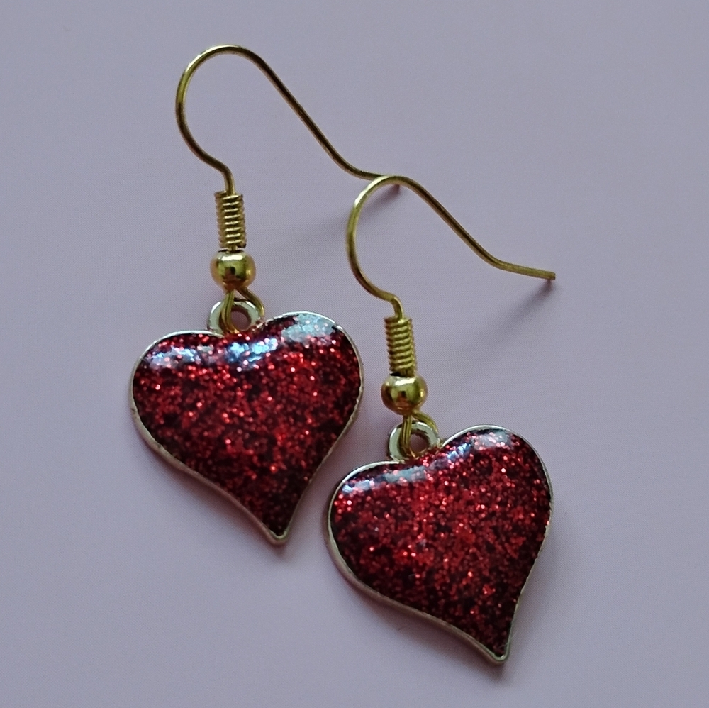 Red Glitter Heart Earrings 18k Gold Plated Homemade ❤️ Enamel
